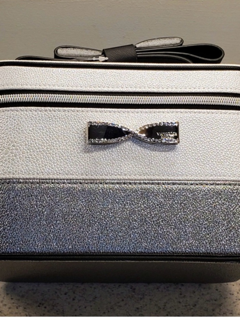 Victoria's Secret Silver and Black Glitter Bow Cosmetic Case